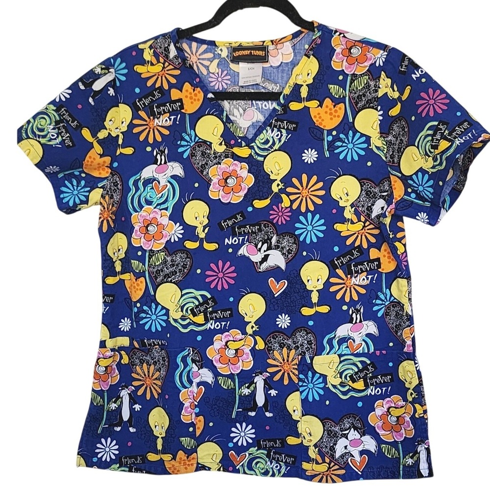 Looney Tunes Tweety Bird Sylvester Scrub Top Blue V-Neck 3 Pockets Womens Small